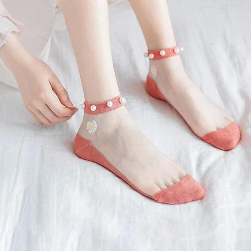 Women's Comfortable Transparent Daisy Pearl Socks (2 Pairs)